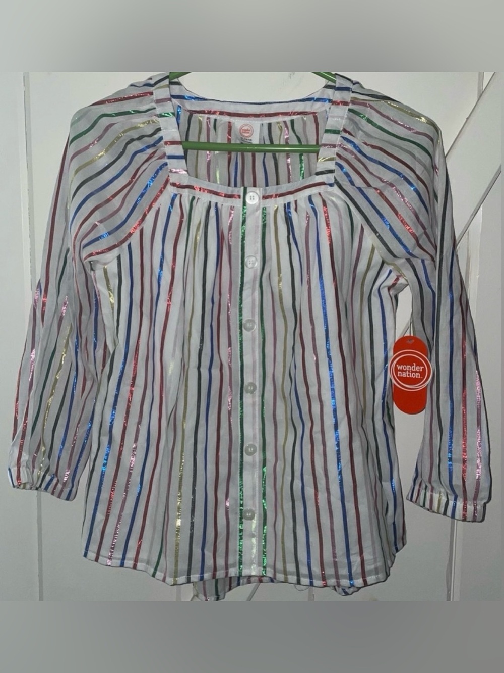 wonder nation White Button-Front Top with Multicolor Metallic Stripes size XL
